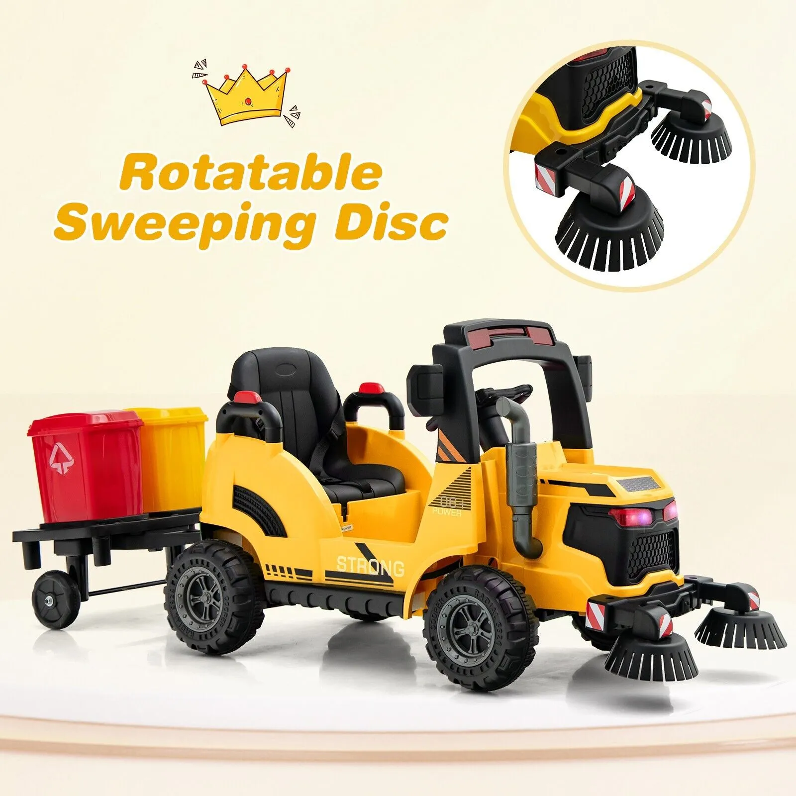 12V Kids Ride-on Street Sweeper Truck with Rotating Brushes-Yellow