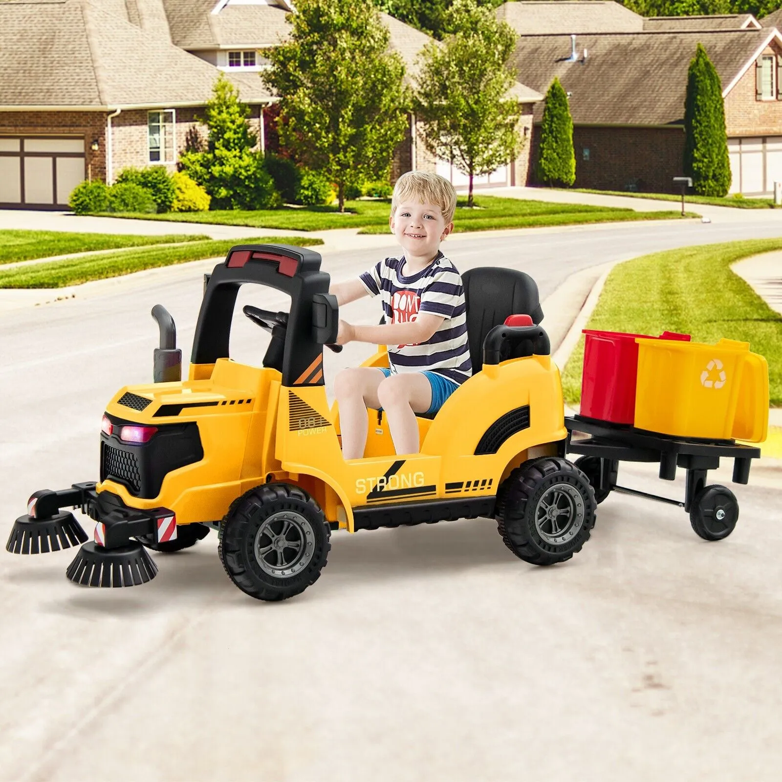 12V Kids Ride-on Street Sweeper Truck with Rotating Brushes-Yellow