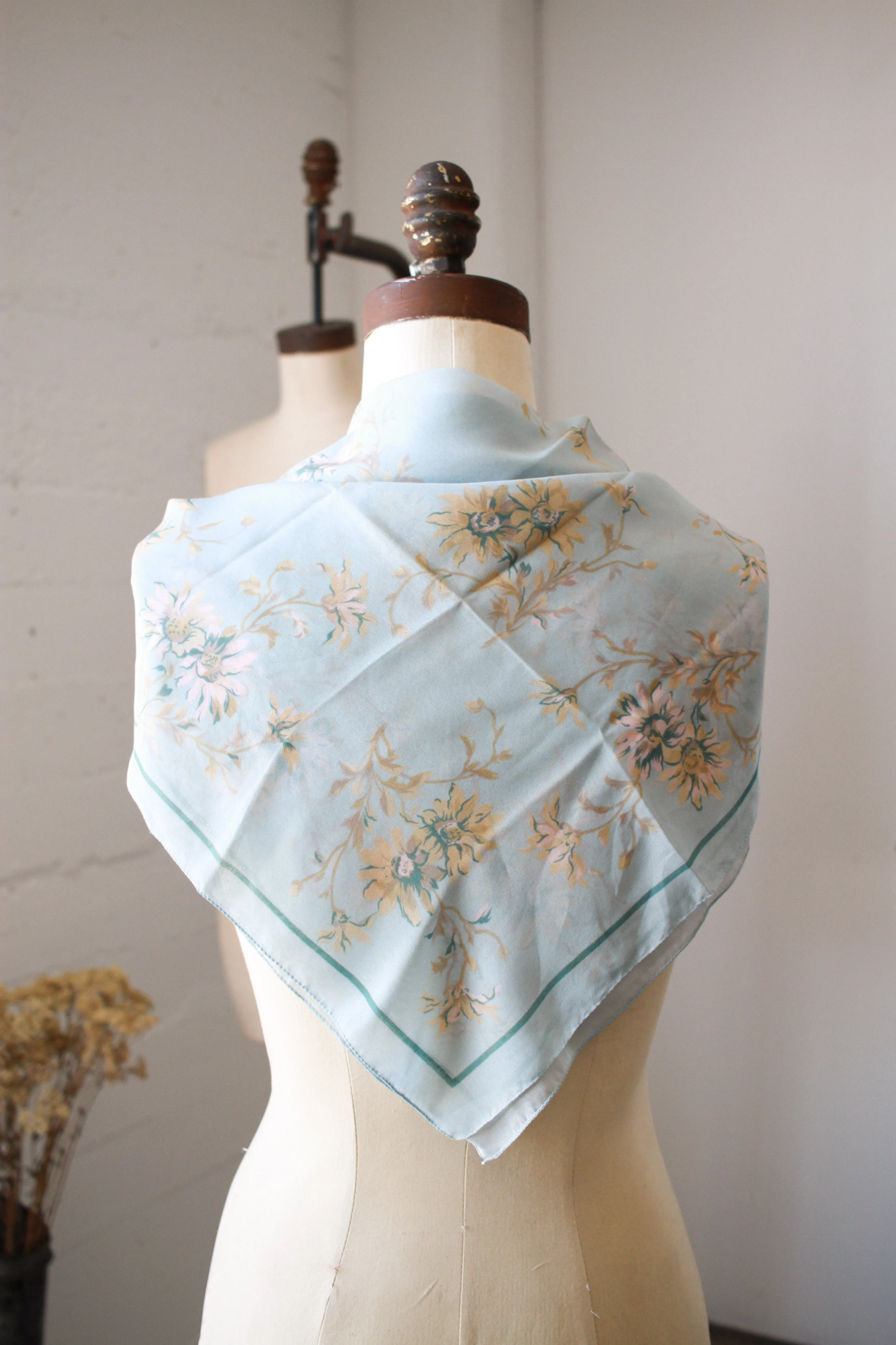 1990s Robins Spring Blue Print Silk Scarf