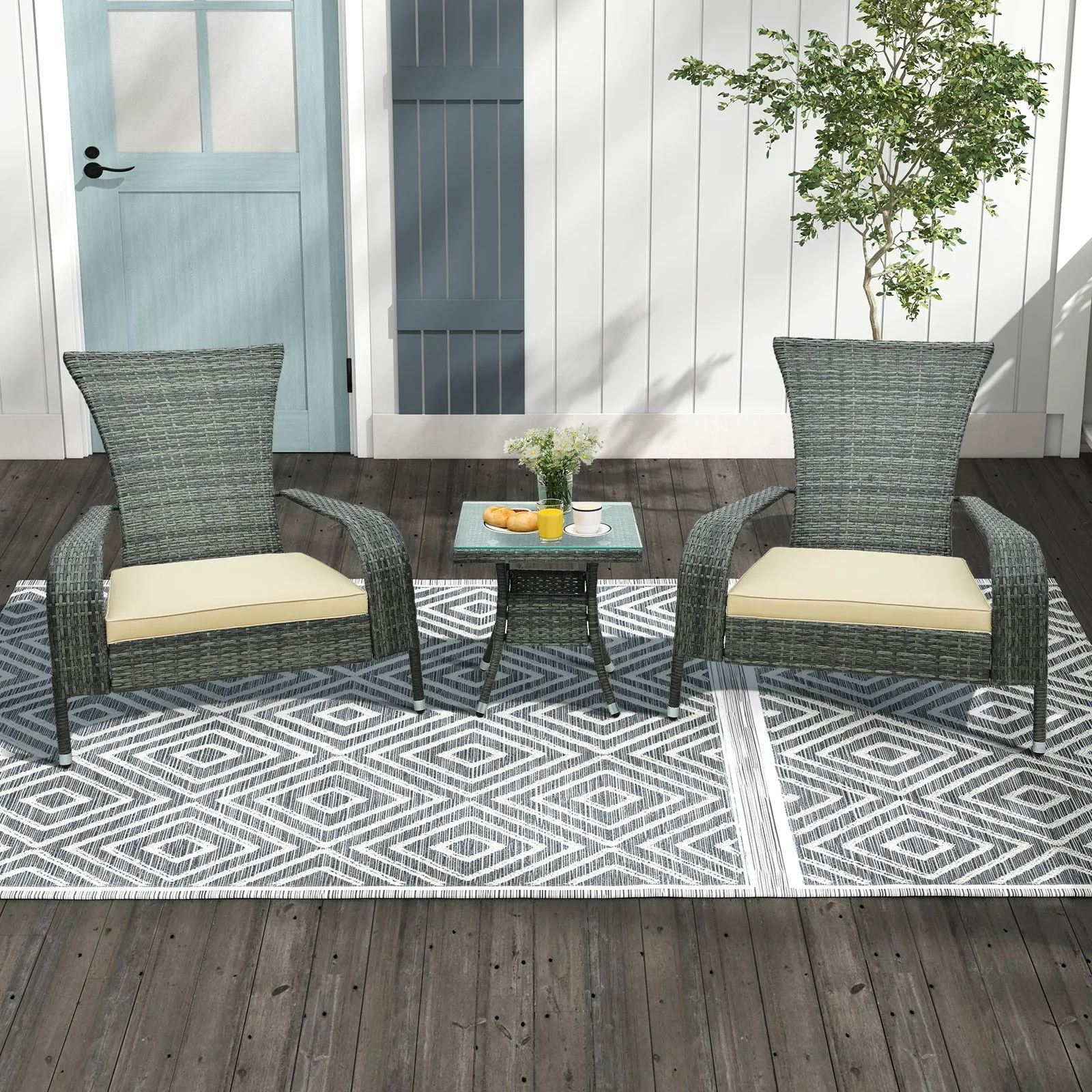 3-Piece Oversized Wicker Adirondack Set with Comfy Seat Cushions-Beige