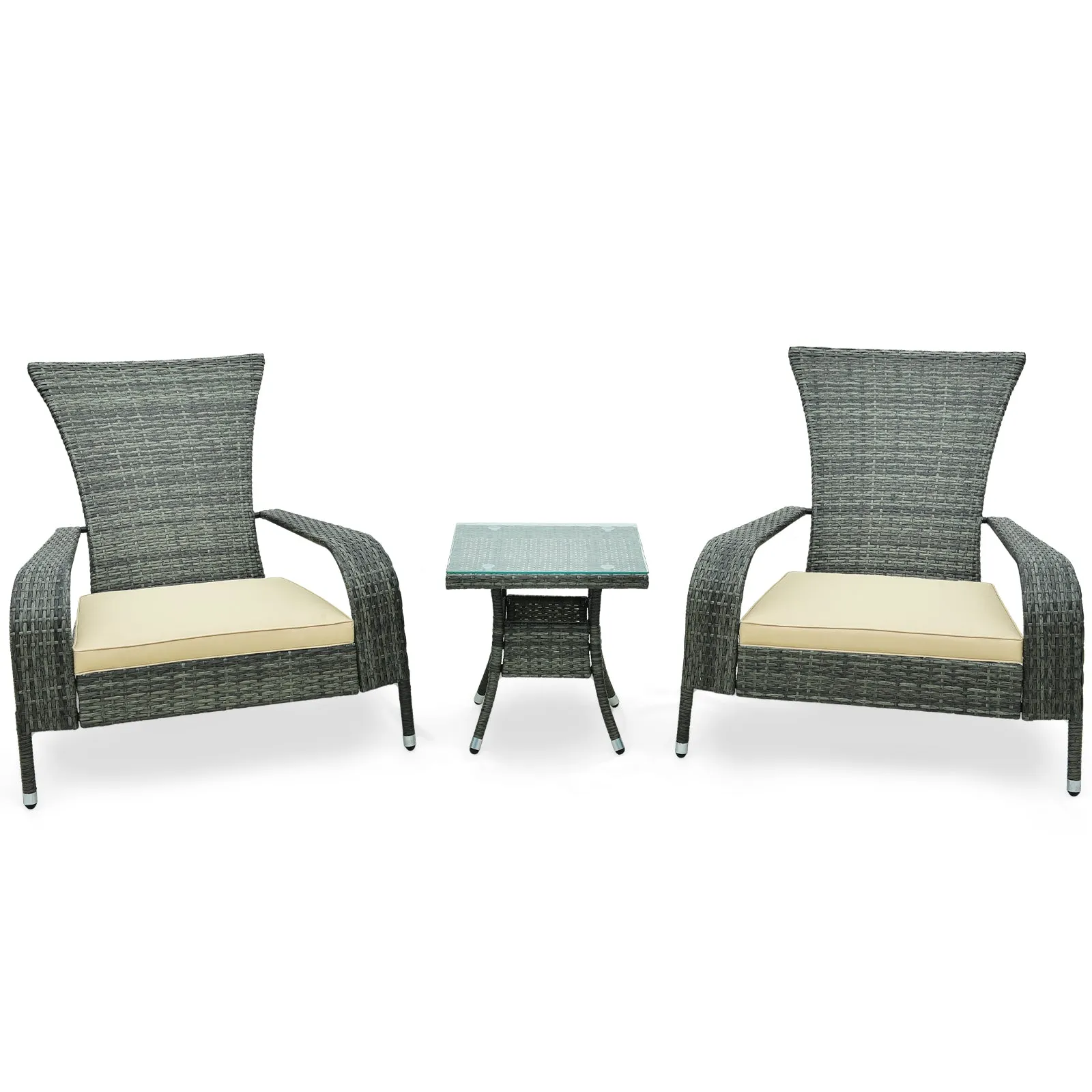 3-Piece Oversized Wicker Adirondack Set with Comfy Seat Cushions-Beige