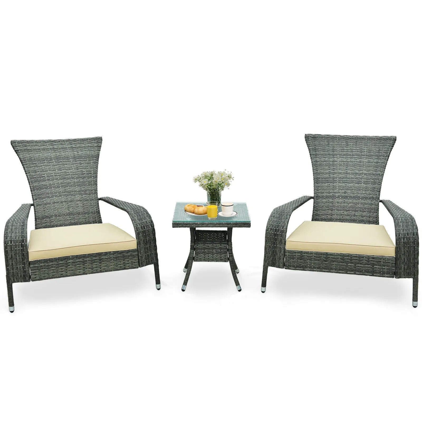 3-Piece Oversized Wicker Adirondack Set with Comfy Seat Cushions-Beige