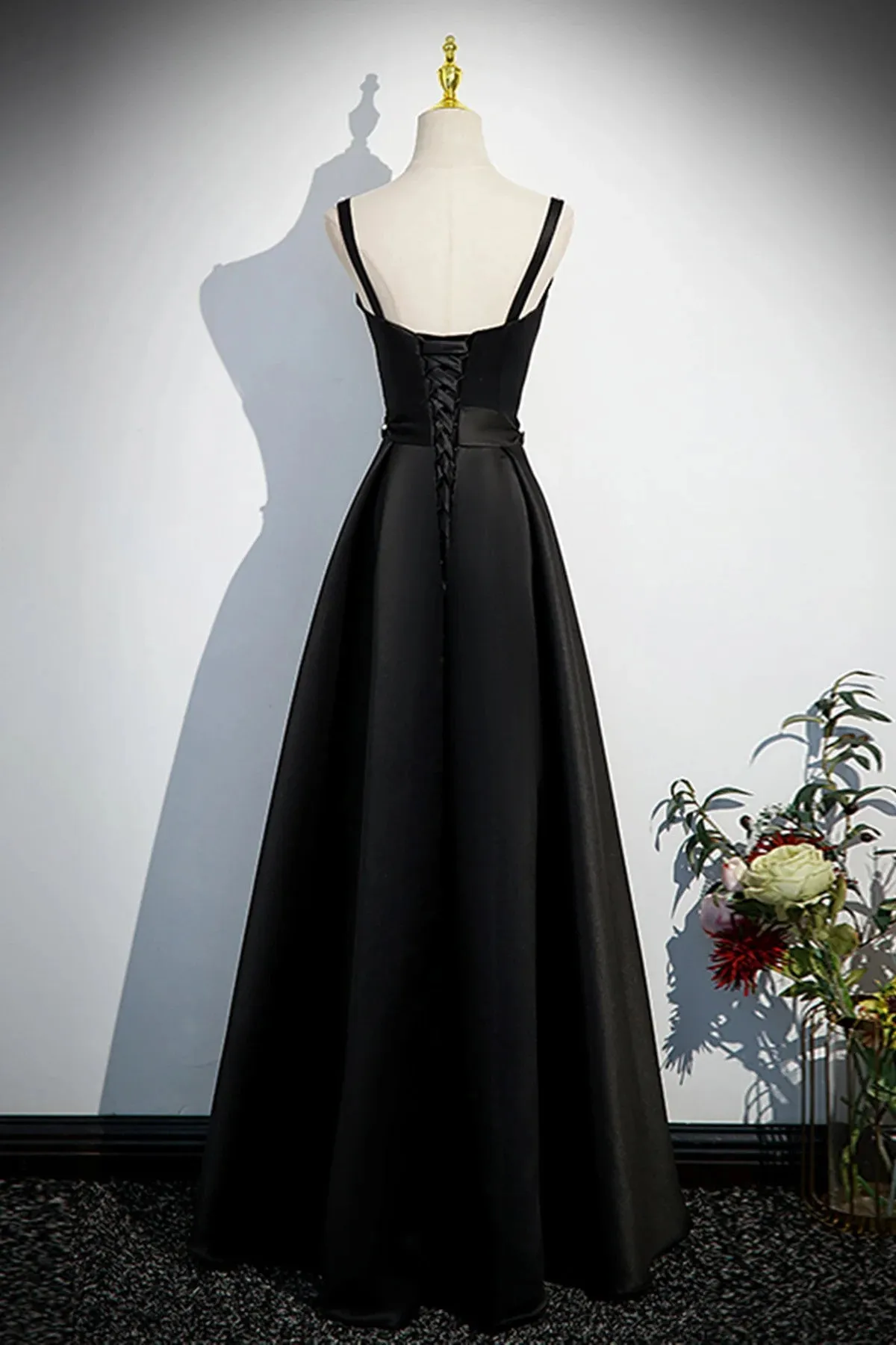 A-line Black Straps Beaded Satin Long Party Dress, Black Prom Dress