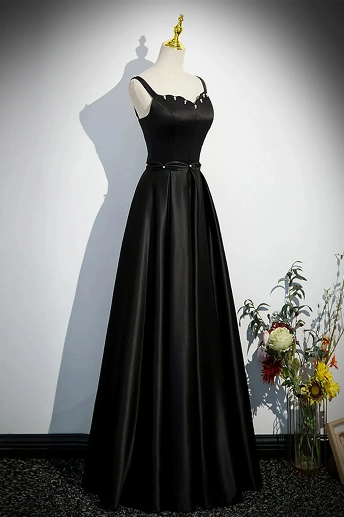 A-line Black Straps Beaded Satin Long Party Dress, Black Prom Dress