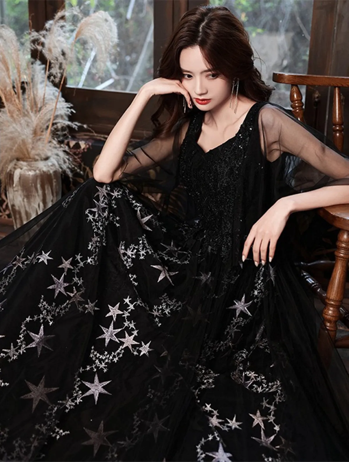 A-line Chic Black Tulle Beaded Long Evening Dress, Black Long Formal Dress