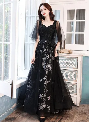 A-line Chic Black Tulle Beaded Long Evening Dress, Black Long Formal Dress