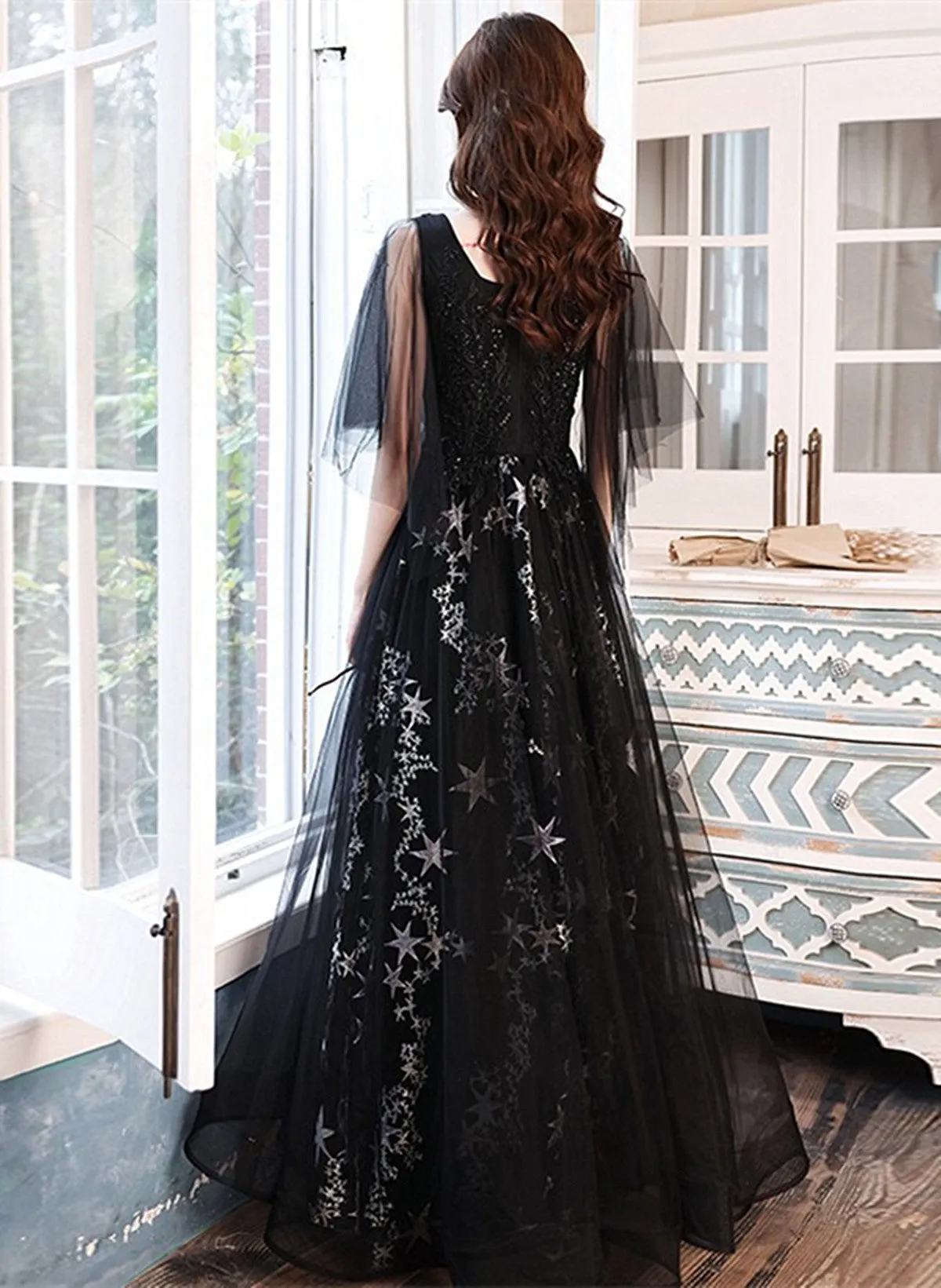 A-line Chic Black Tulle Beaded Long Evening Dress, Black Long Formal Dress