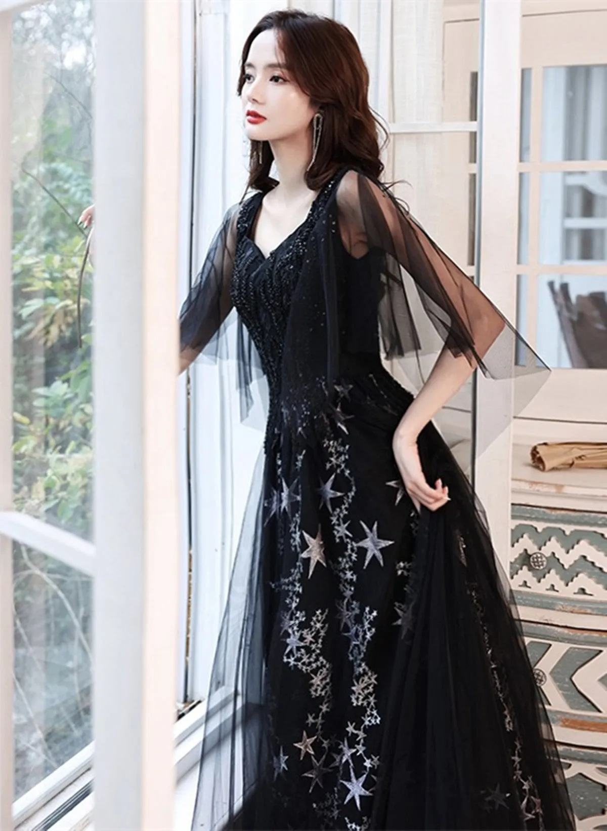 A-line Chic Black Tulle Beaded Long Evening Dress, Black Long Formal Dress