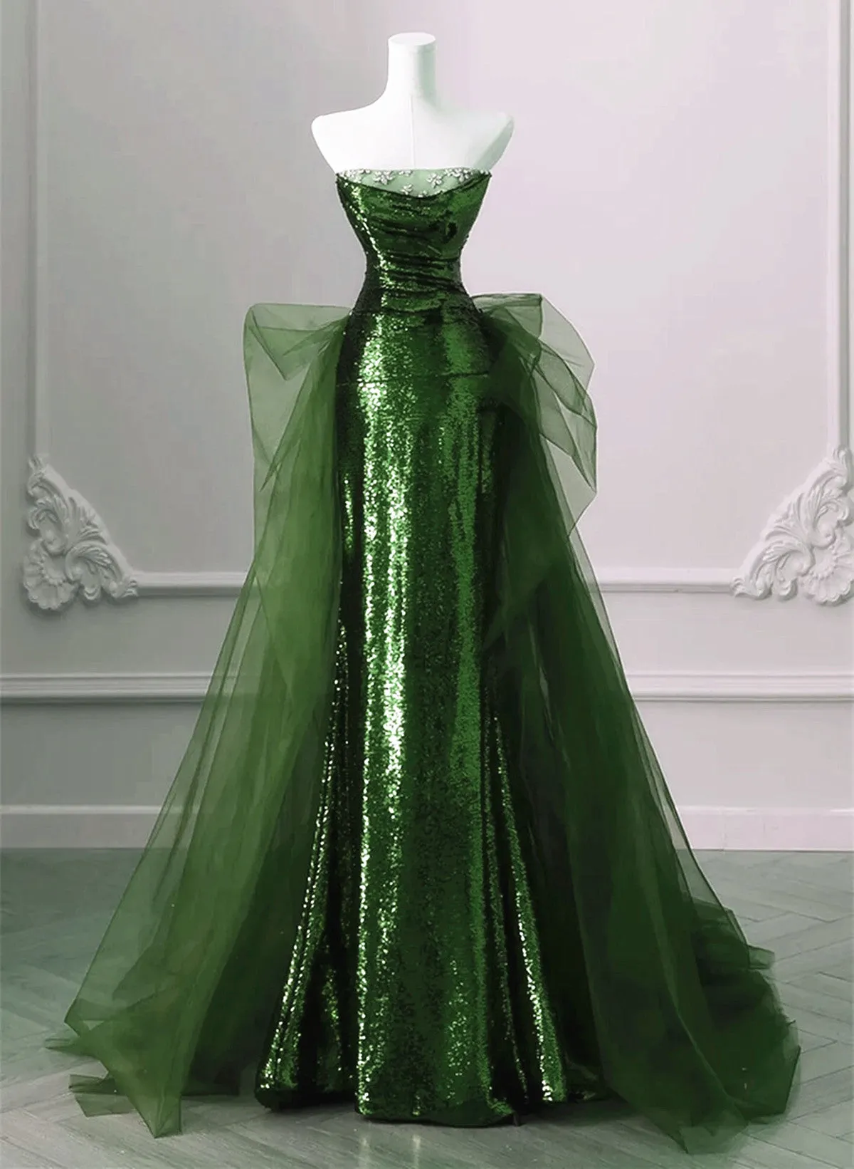 A-line Green Sequins and Tulle Long Party Dress, Green Evening Dress Formal Dress