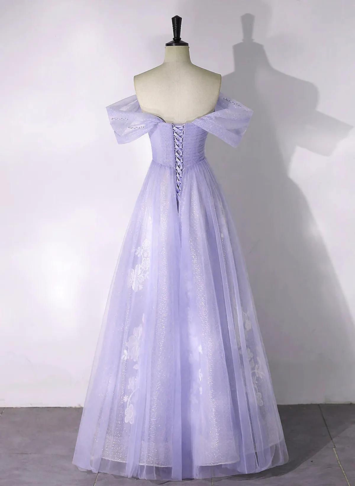 A-line Purple Tulle with Lace Off Shoulder Formal Dress, Purple Tulle Prom Dress