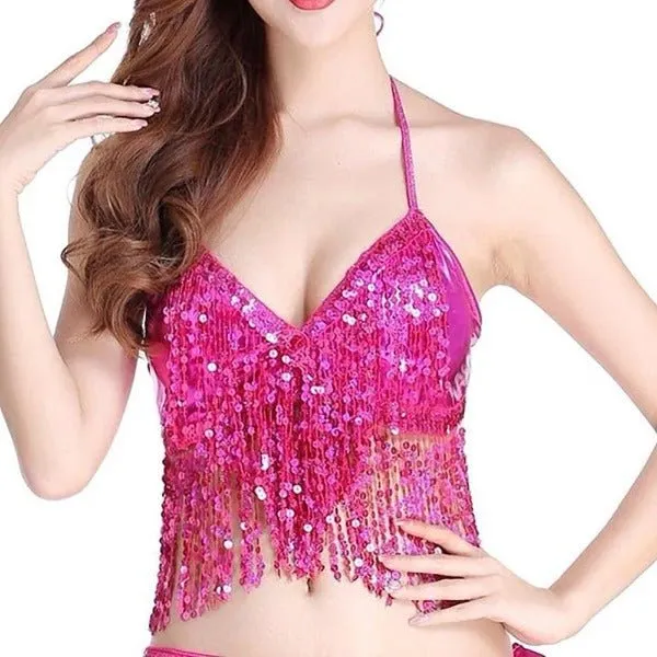 Adult Festival Sequin Fringe Halter Belly Dancing Top - Pink