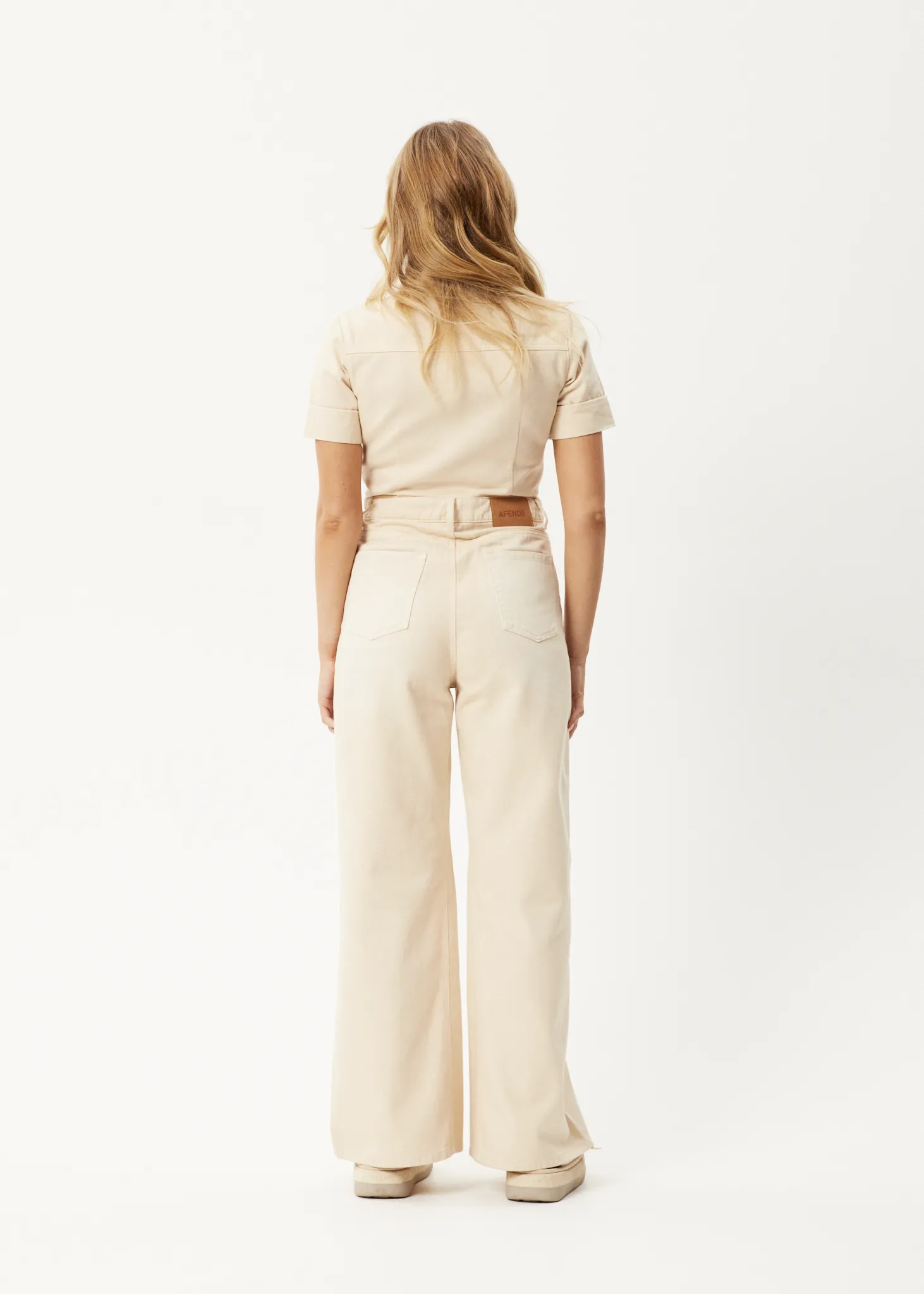 AFENDS Womens Miami - Denim Flared Jumpsuit - Sand