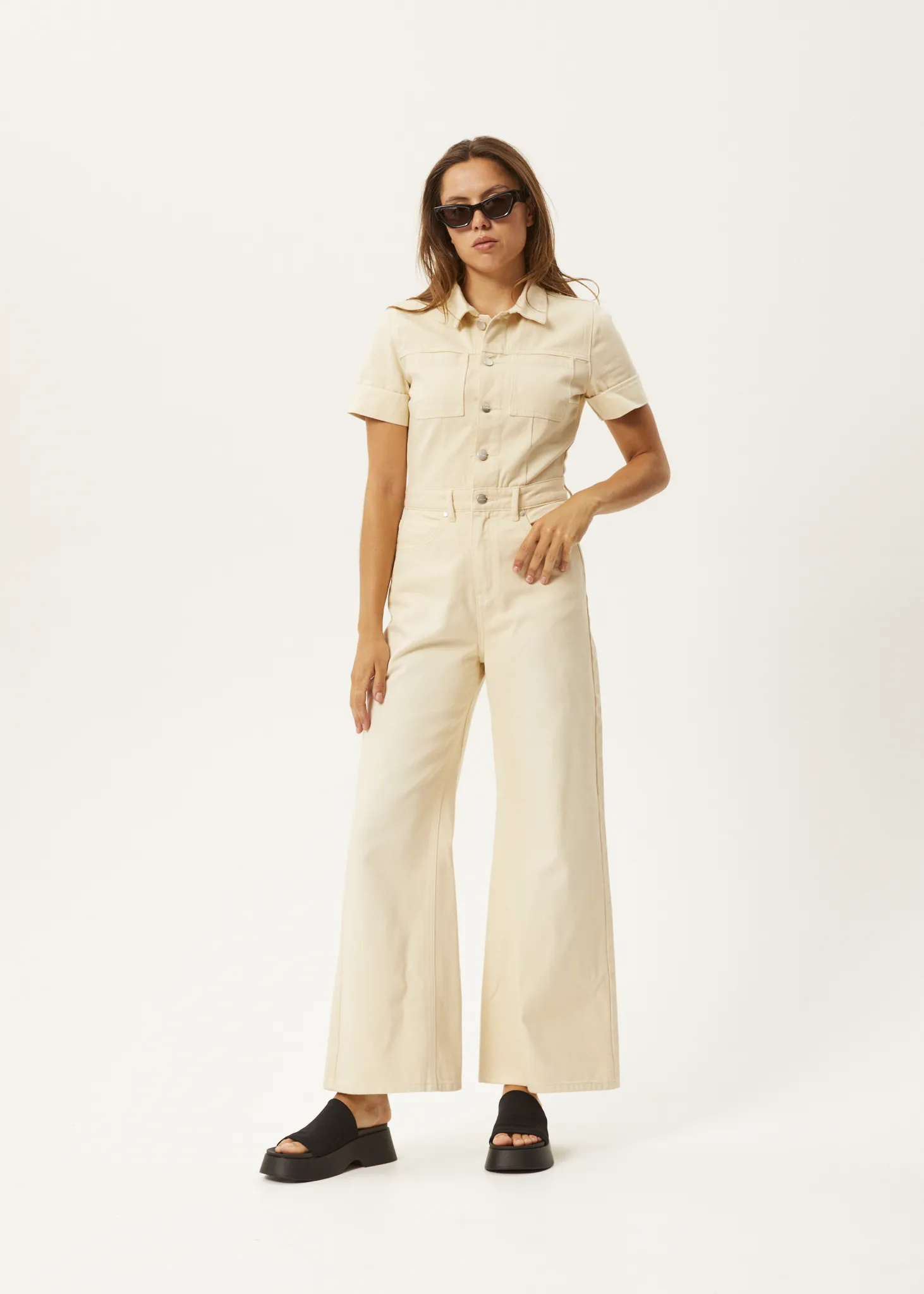 AFENDS Womens Miami - Denim Flared Jumpsuit - Sand