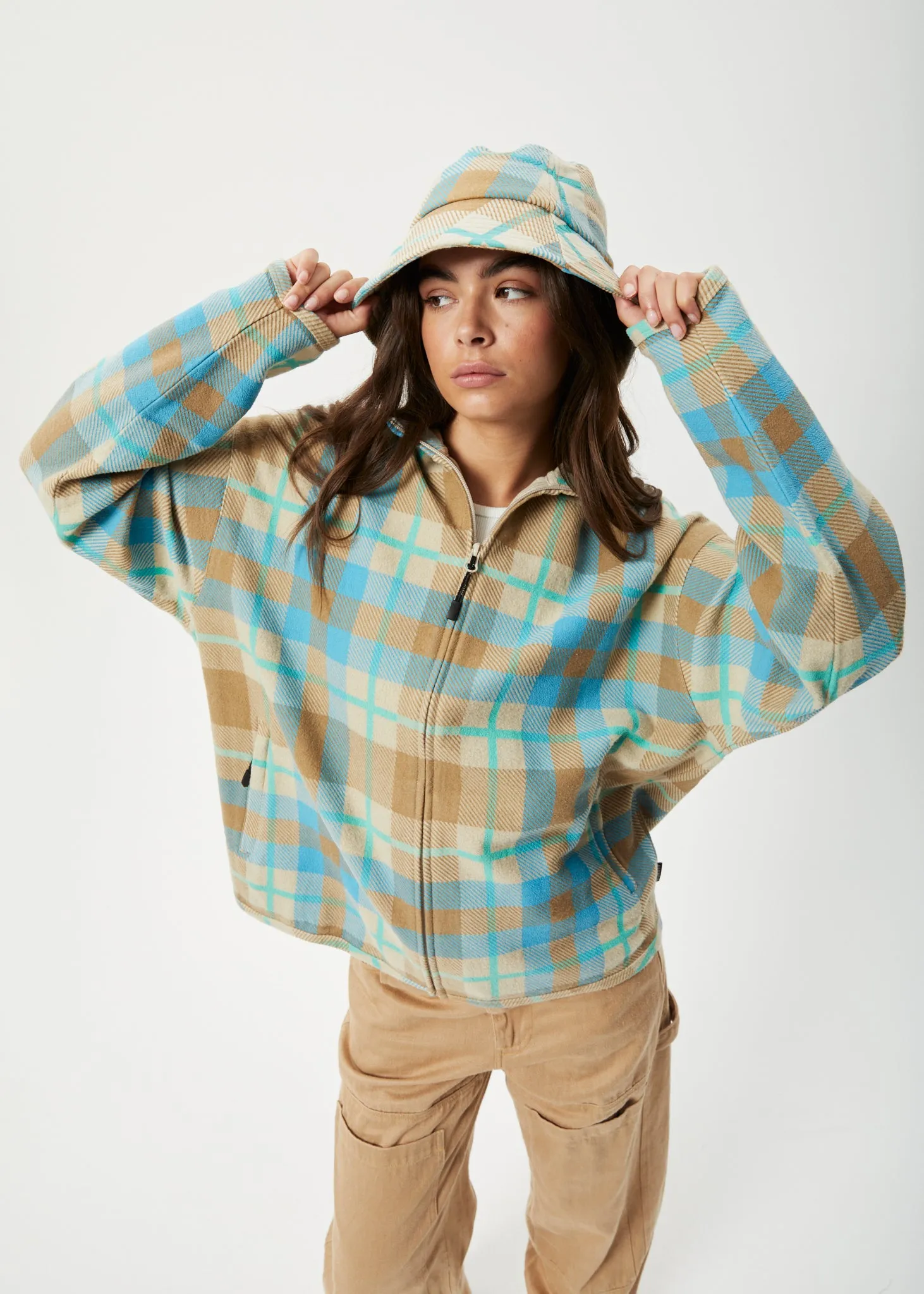 AFENDS Womens Millie - Reverse Fleece Jacket - Tan Check