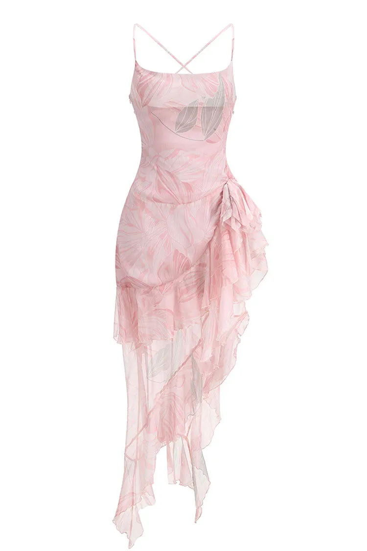 Asymmetrical Tiered Ruffle Printed Cowl Neck Backless Chiffon Split Cocktail Dress