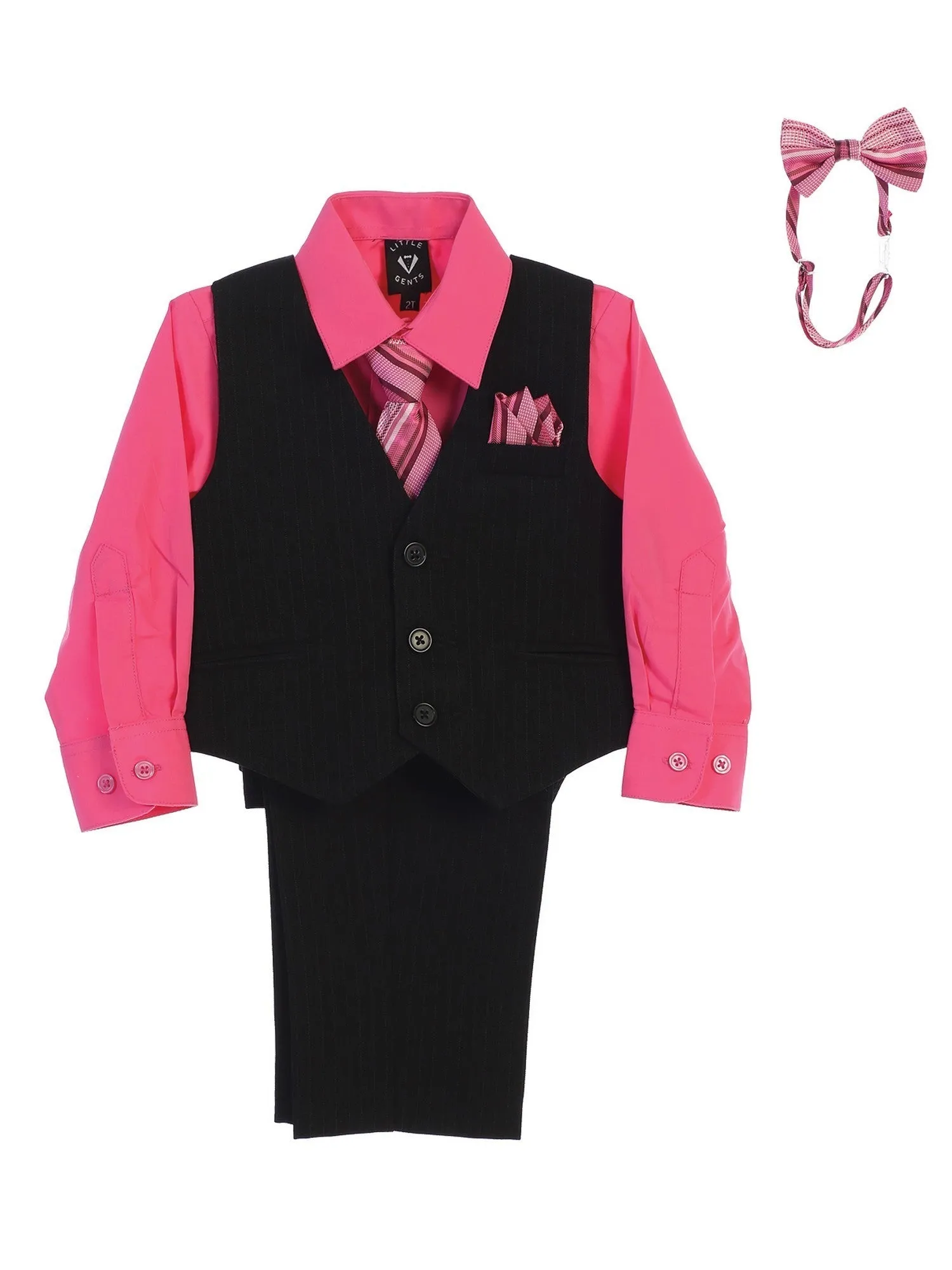 Baby Boys Fuchsia Shirt Zipper Tie Bow Tie Pinstripe Vest Pant Set 6-24M