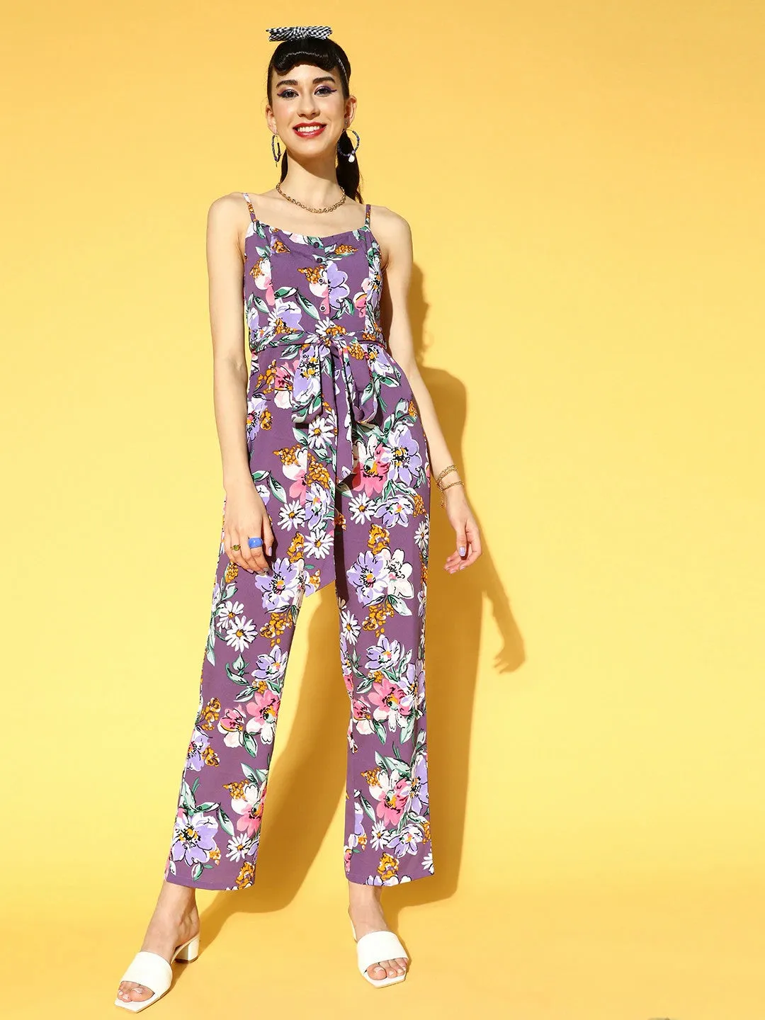 Berrylush Women Purple & Pink Floral Printed V-Neck Waist Tie-Up Style Back Basic Jumpsuit