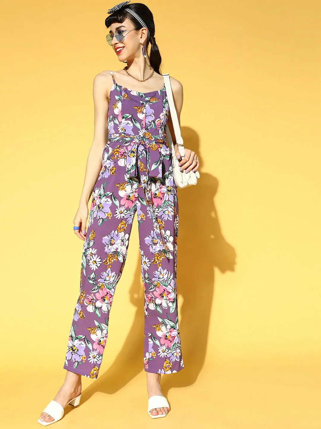 Berrylush Women Purple & Pink Floral Printed V-Neck Waist Tie-Up Style Back Basic Jumpsuit