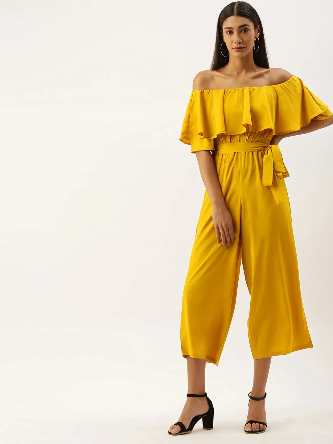 Berrylush Women Solid Yellow Off Shoulder Culotte Jumpsuit