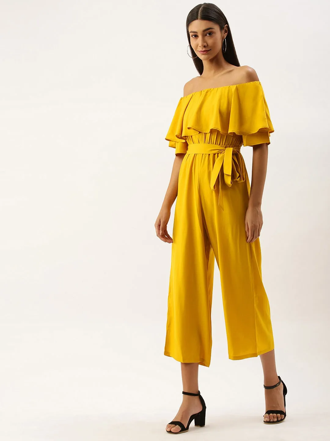 Berrylush Women Solid Yellow Off Shoulder Culotte Jumpsuit