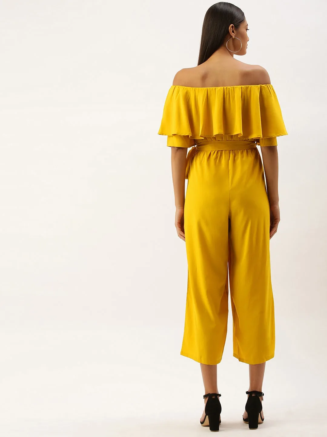 Berrylush Women Solid Yellow Off Shoulder Culotte Jumpsuit