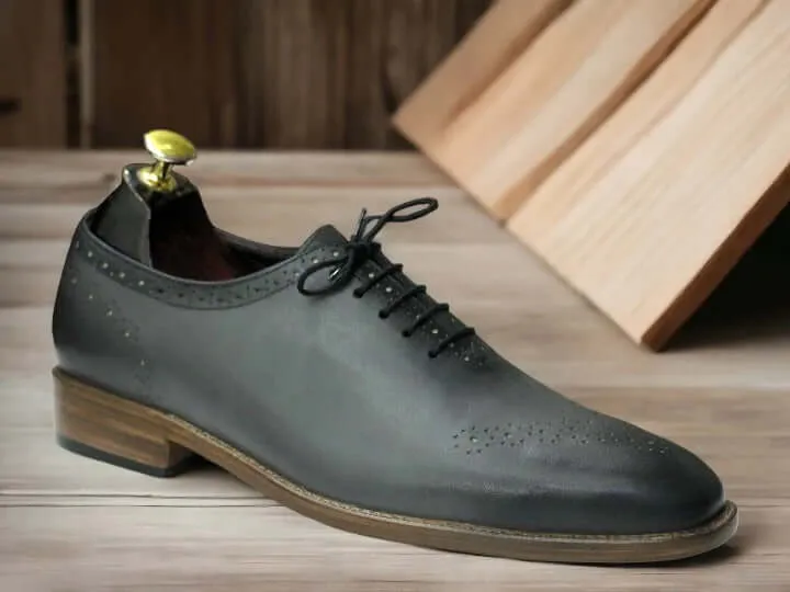 Bespoke Men's Grey Genuine Leather Shoes, Brogue Toe Formal Shoes