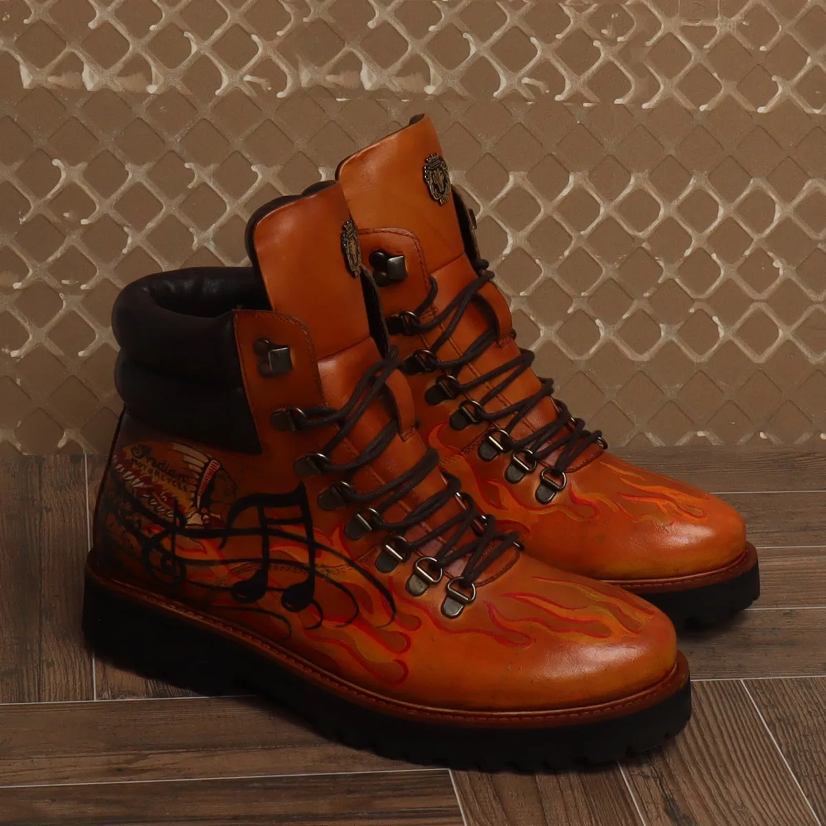 Bespoked Tan Leather Hand Painted Lace-Up Boots by Brune & Bareskin