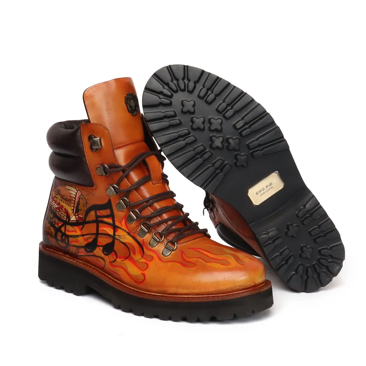 Bespoked Tan Leather Hand Painted Lace-Up Boots by Brune & Bareskin