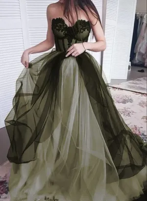 Black and Green Sweetheart Tulle with Lace Formal Dress, A-line Lace-up Prom Dress