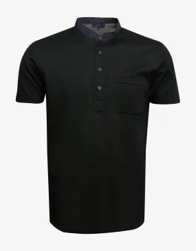 Black Henley Shirt with Raw Edge Collar