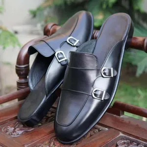 Black Leather Men's Formal Slip On Flats Sandal Loafer Shoes, Dress Shoes Men