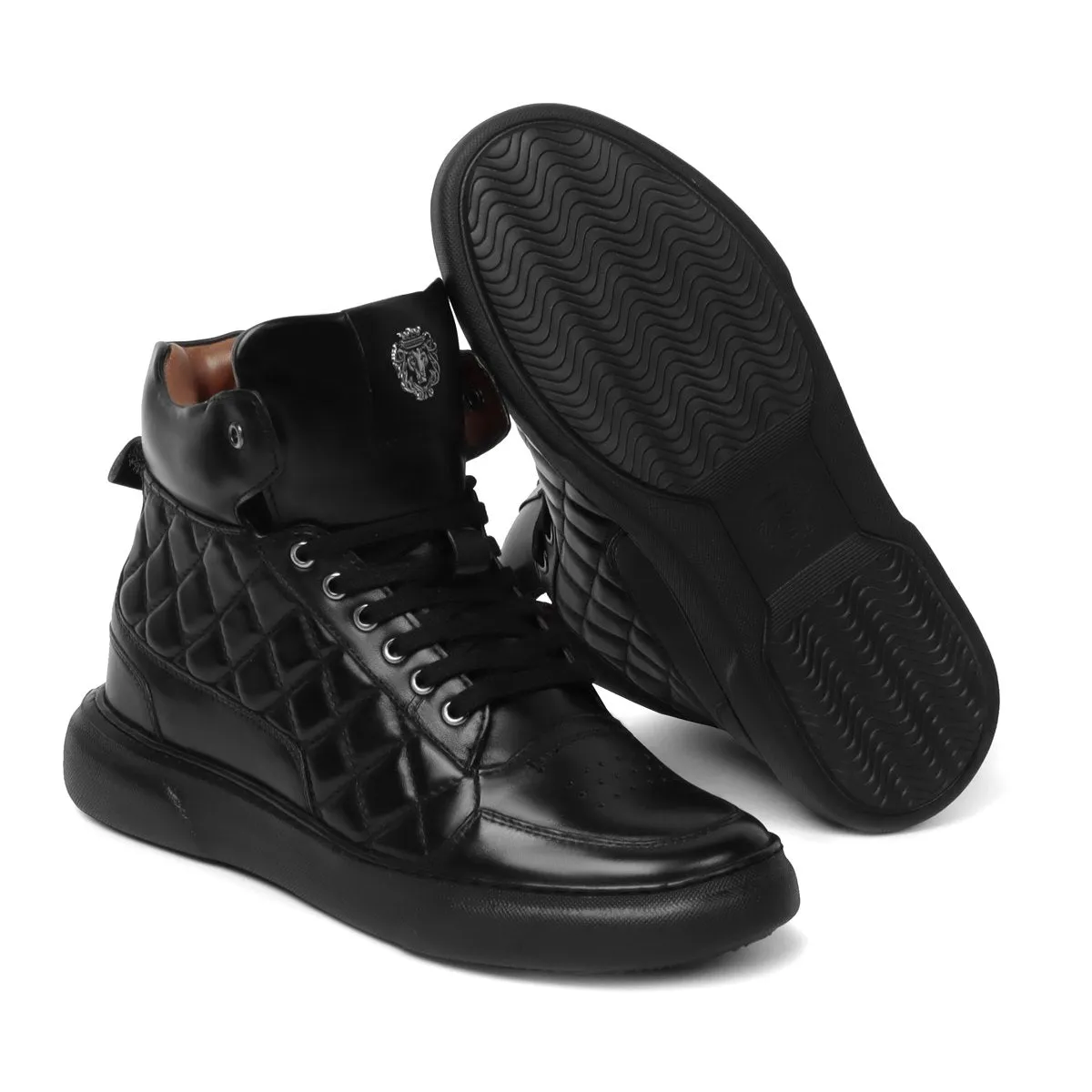 Black Leather Sneaker Diamond Stitch Mid-Top by Brune & Bareskin