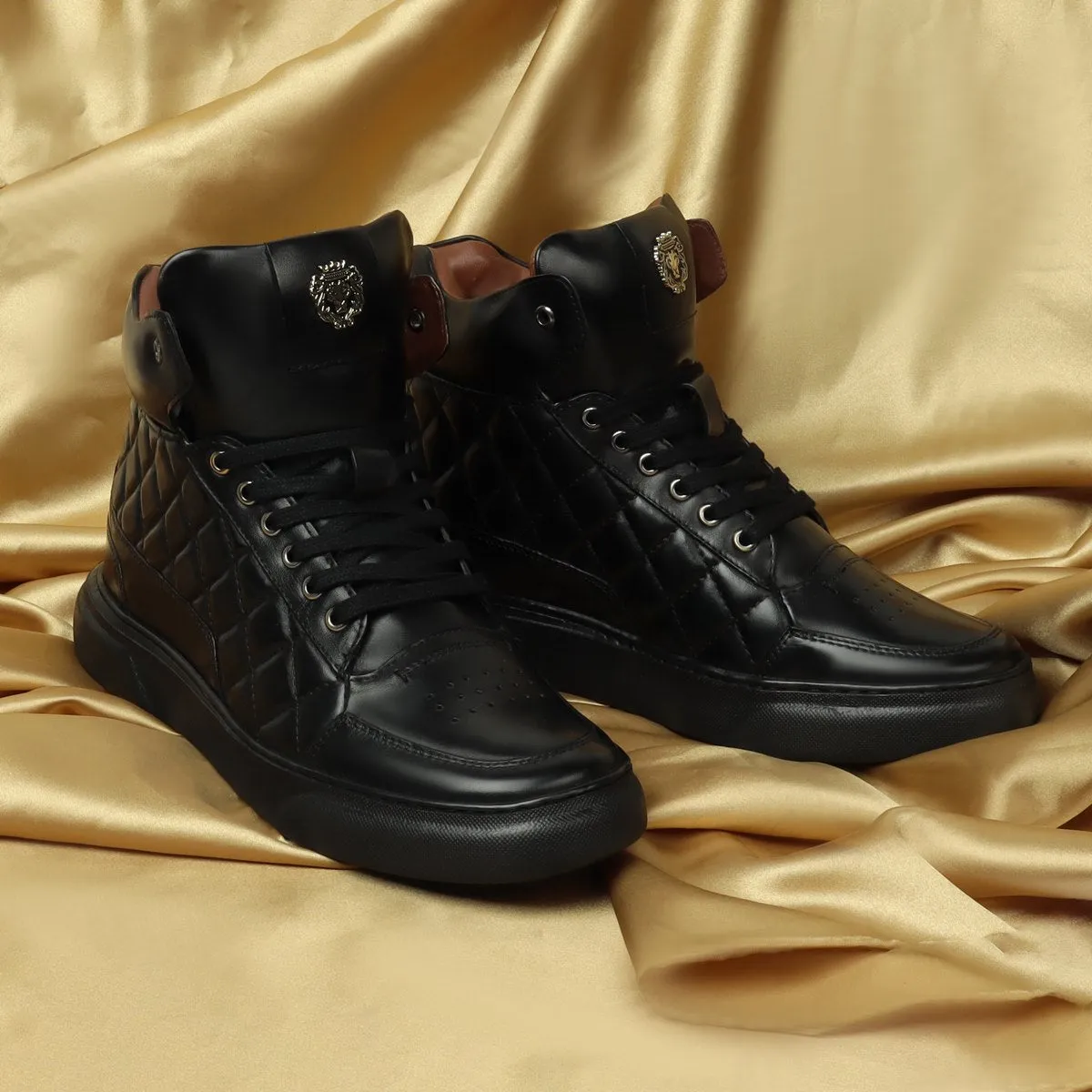 Black Leather Sneaker Diamond Stitch Mid-Top by Brune & Bareskin