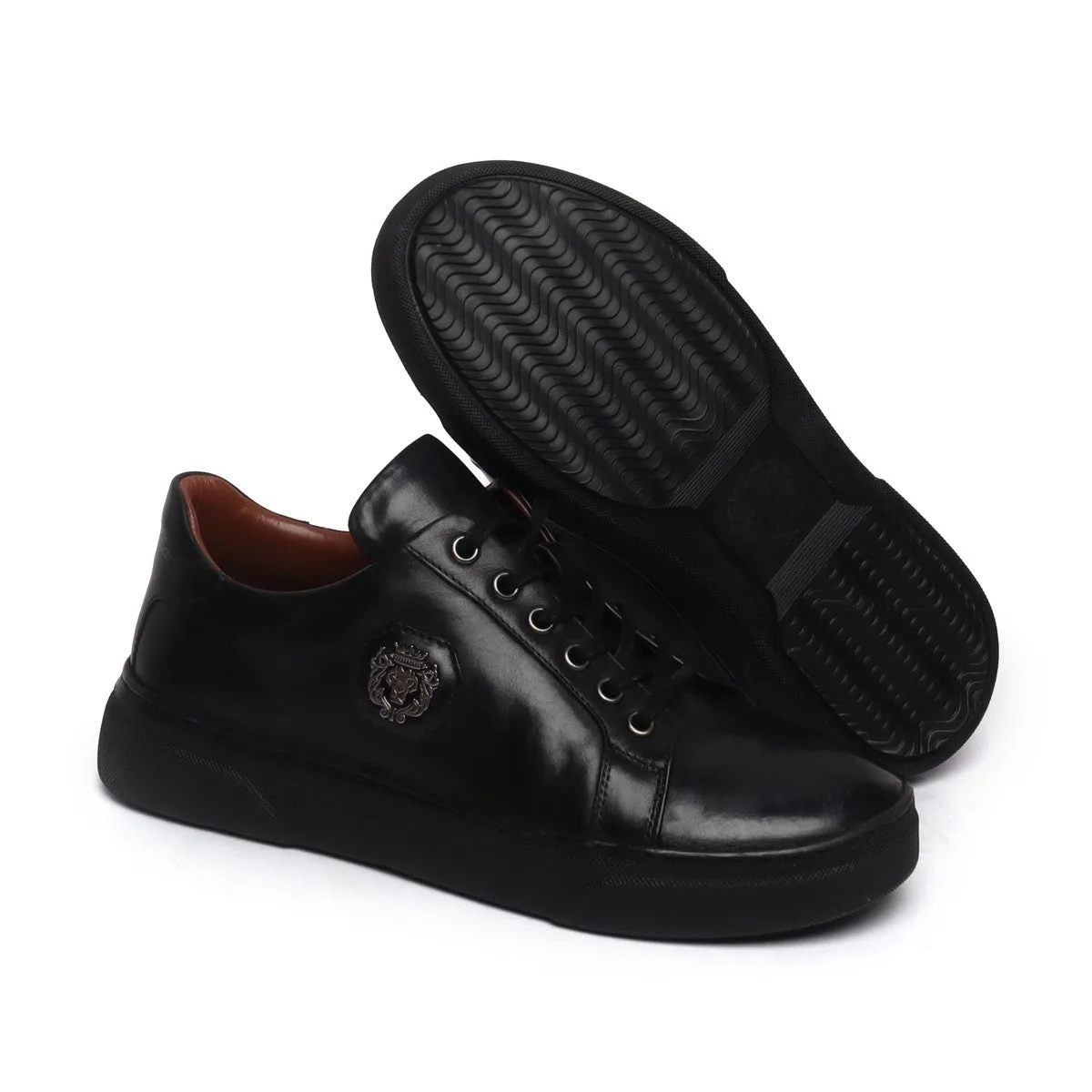 Black Leather Sneakers with Metal Lion logo on Quarter