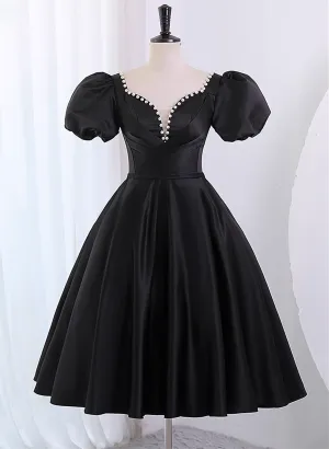 Black Satin Short Sleeves Prom Dress Party Dress, Black Homecoming Dress