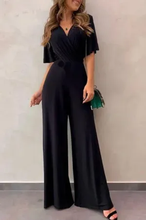 Black Short Sleeves V-neck Jumpsuit