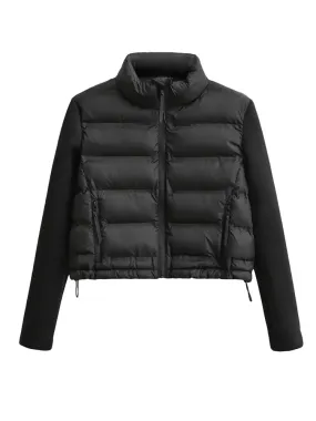 Black Spliced Short Puffer Jacket for Women