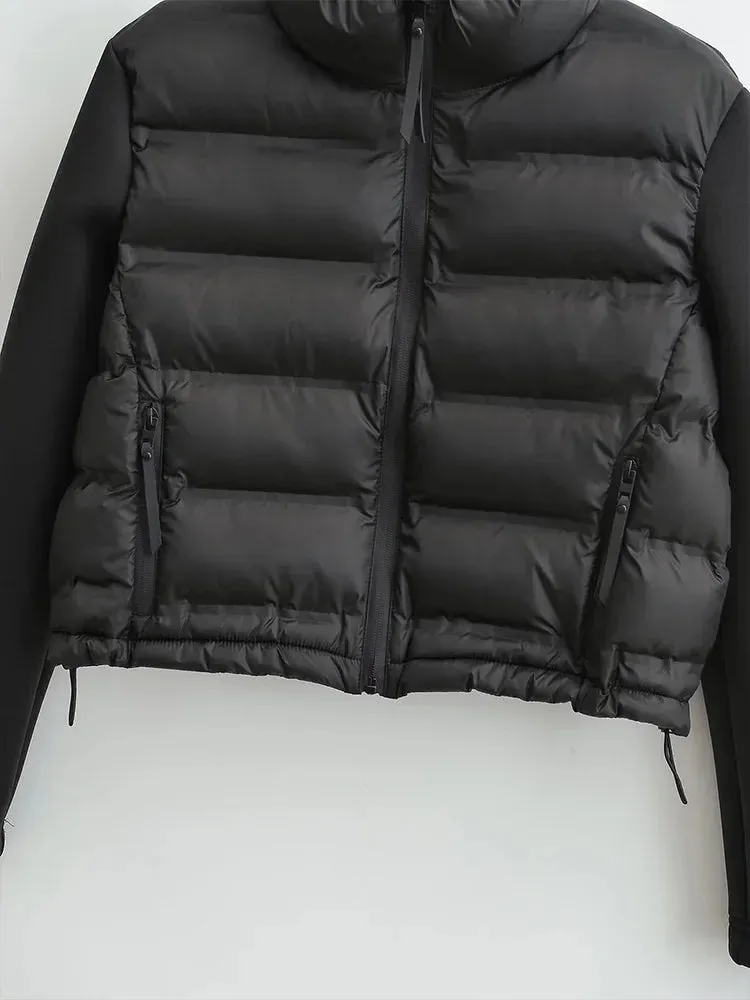 Black Spliced Short Puffer Jacket for Women