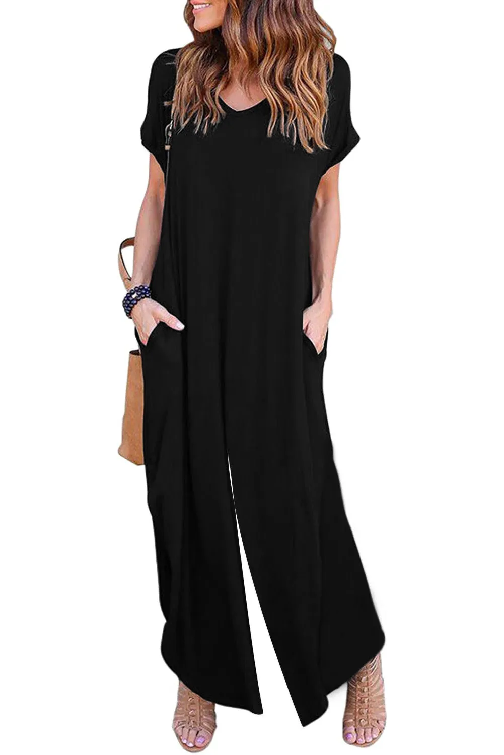 Black V Neck Wide Leg Jumpsuit