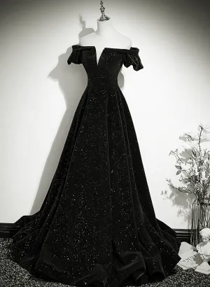 Black Velvet Off Shoulder A-line Long Prom Dress, Black Simple Wedding Party Dress