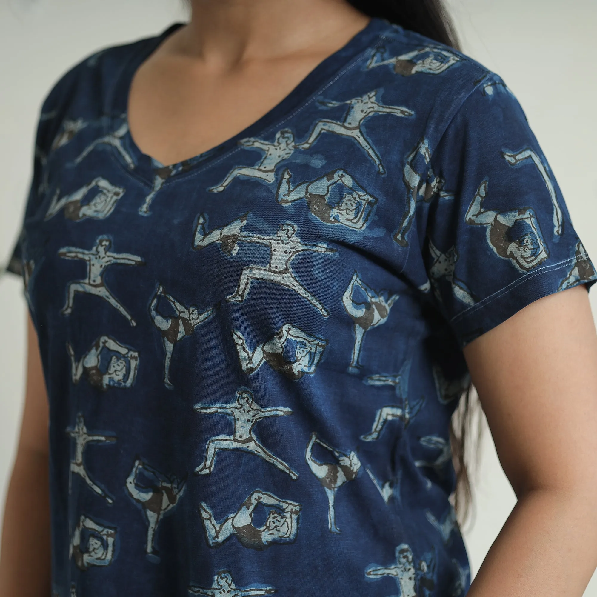 Blue - Bindaas Block Art Printed Cotton Women V Neck T-shirt 02