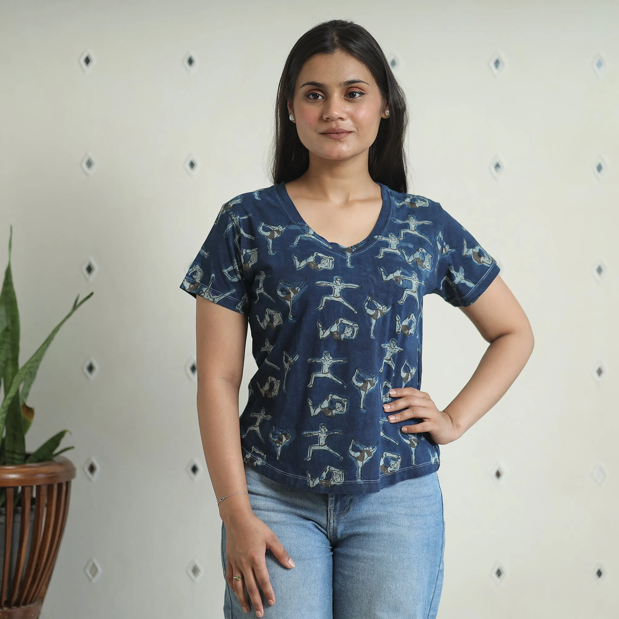 Blue - Bindaas Block Art Printed Cotton Women V Neck T-shirt 02