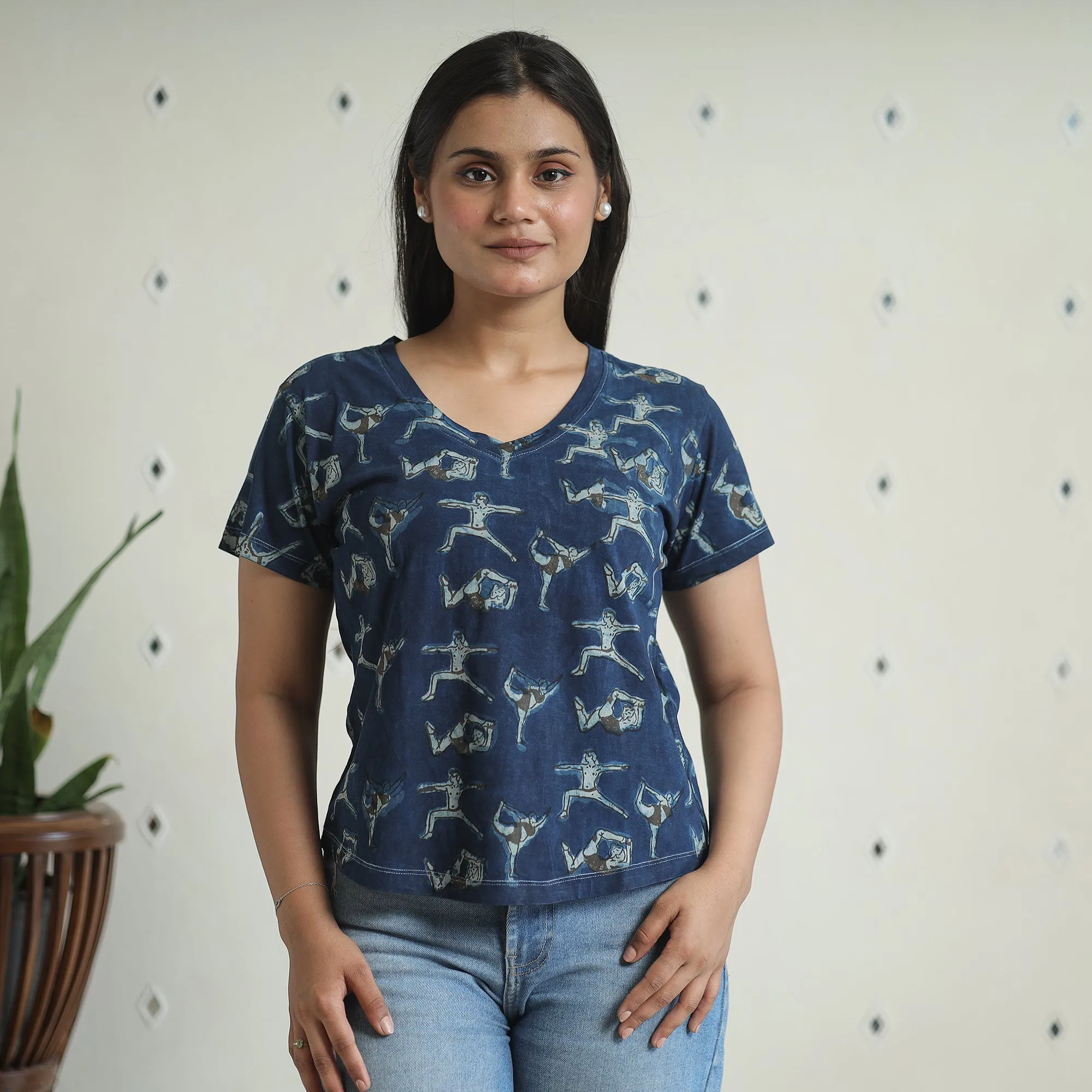 Blue - Bindaas Block Art Printed Cotton Women V Neck T-shirt 02