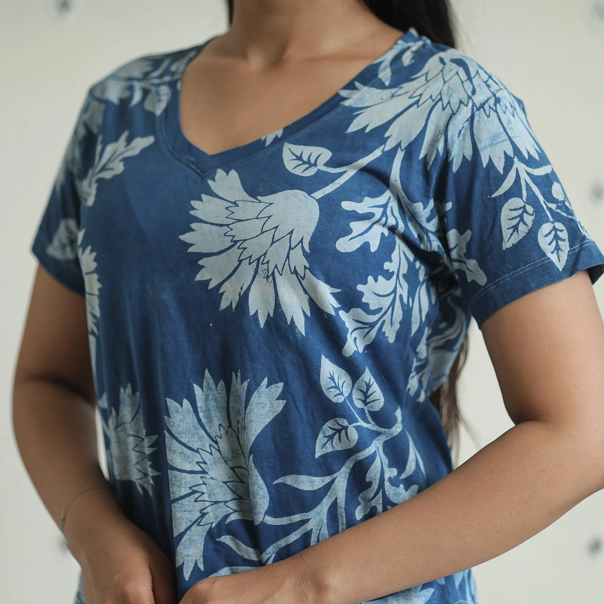 Blue - Bindaas Block Art Printed Cotton Women V Neck T-shirt 04