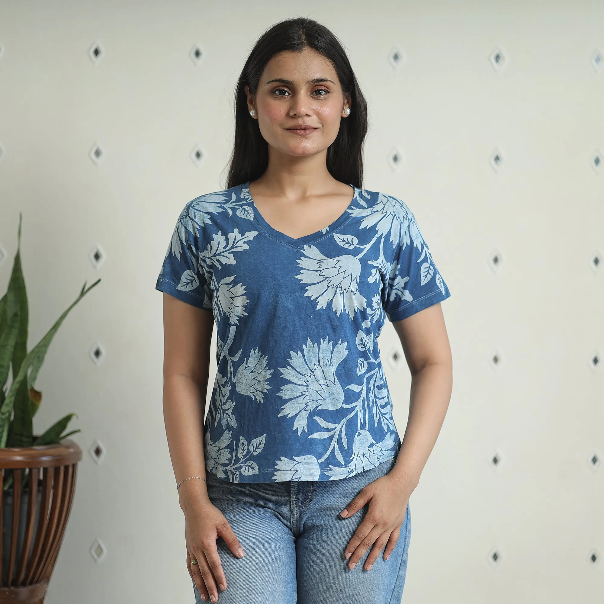 Blue - Bindaas Block Art Printed Cotton Women V Neck T-shirt 04