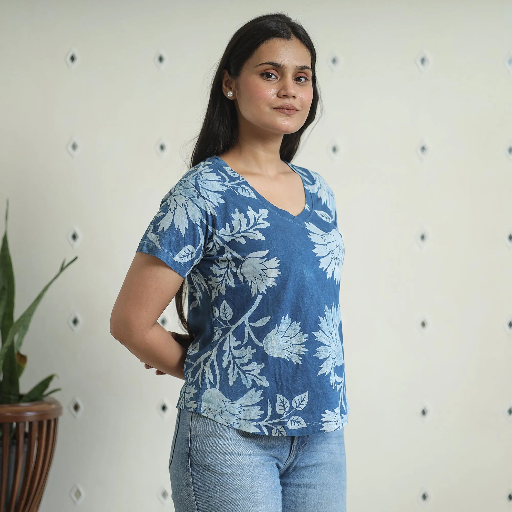 Blue - Bindaas Block Art Printed Cotton Women V Neck T-shirt 04