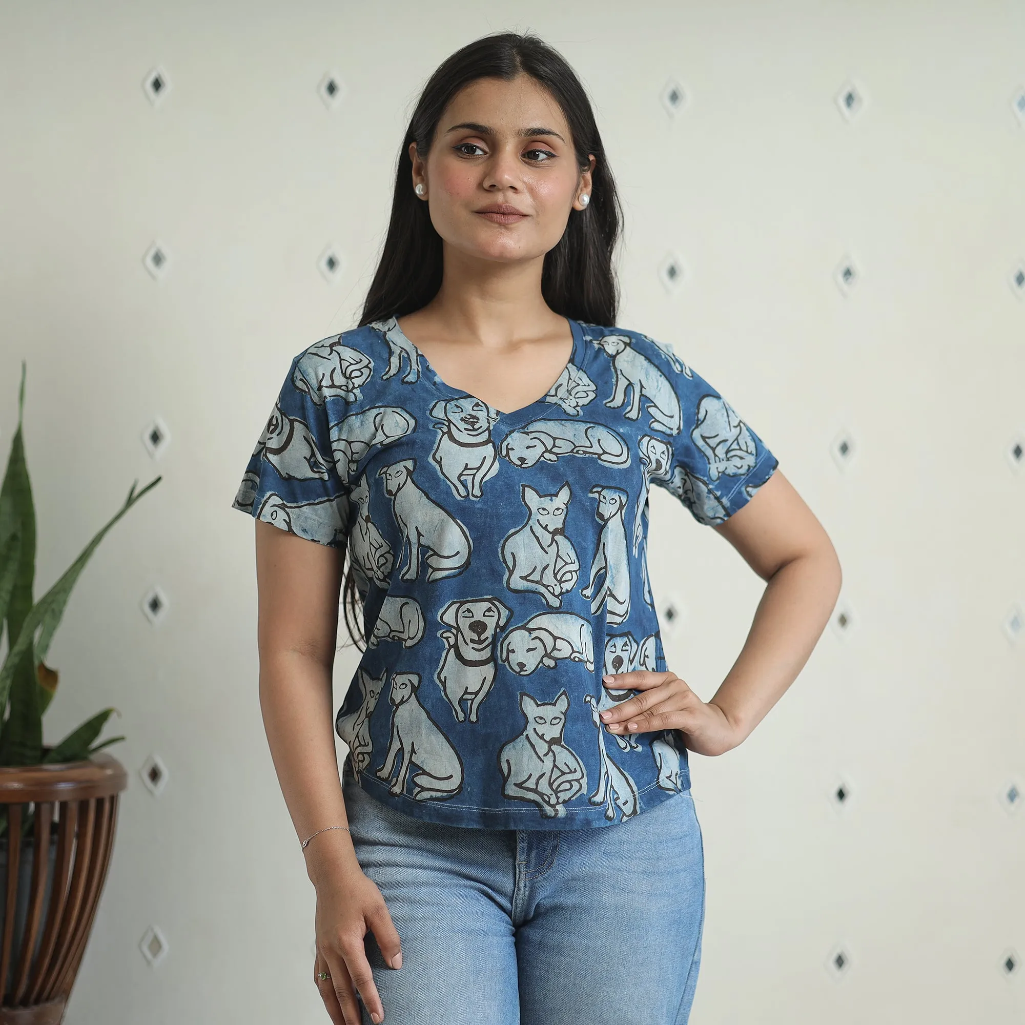 Blue - Bindaas Block Art Printed Cotton Women V Neck T-shirt 10