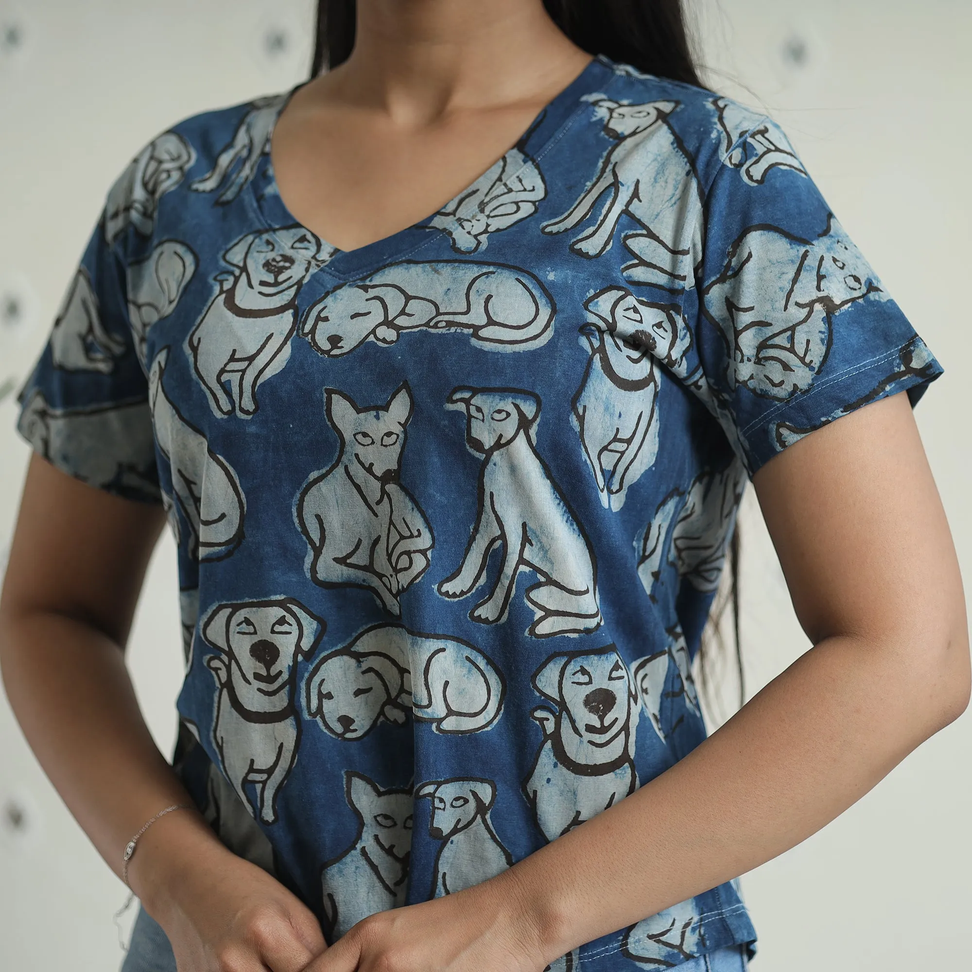 Blue - Bindaas Block Art Printed Cotton Women V Neck T-shirt 10