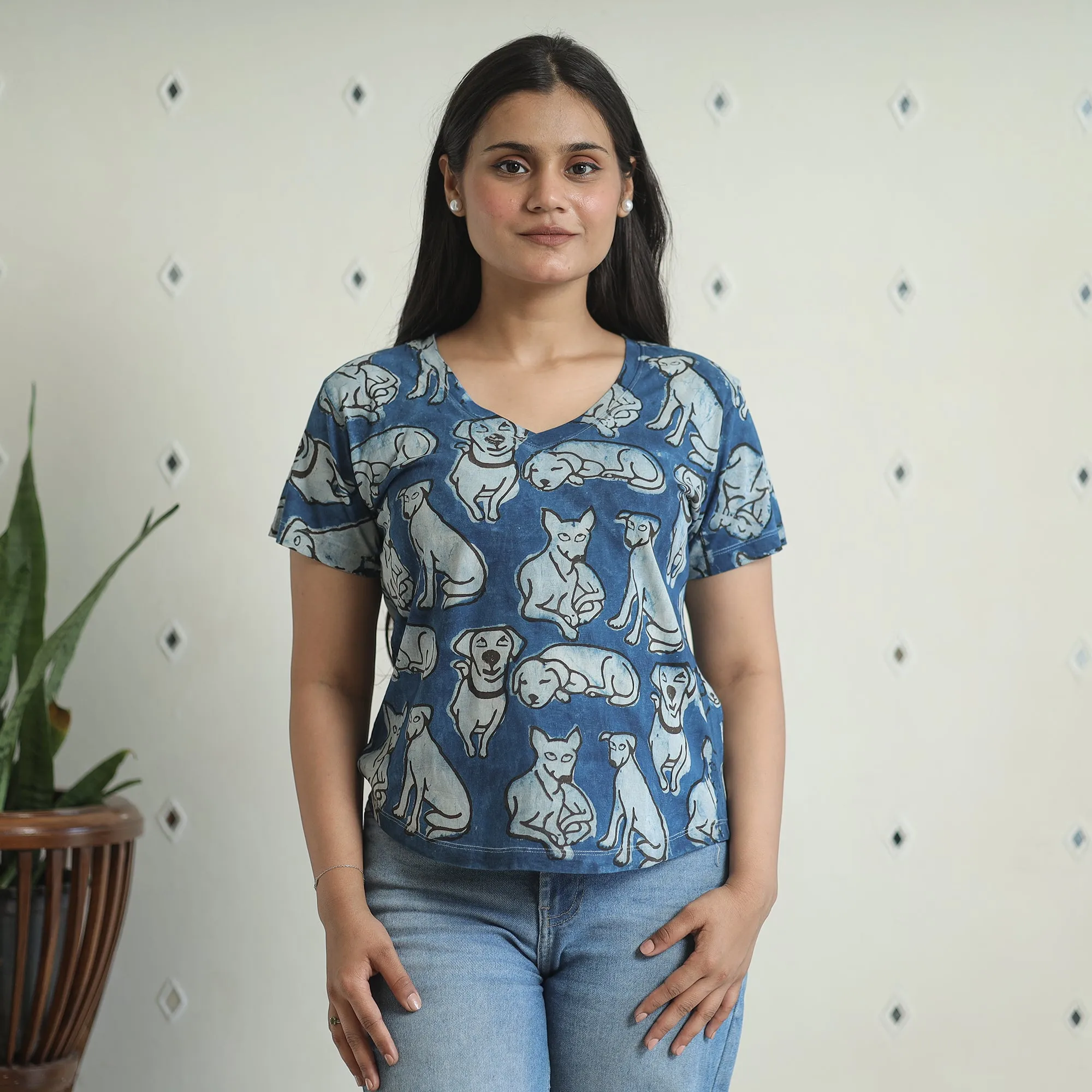 Blue - Bindaas Block Art Printed Cotton Women V Neck T-shirt 10