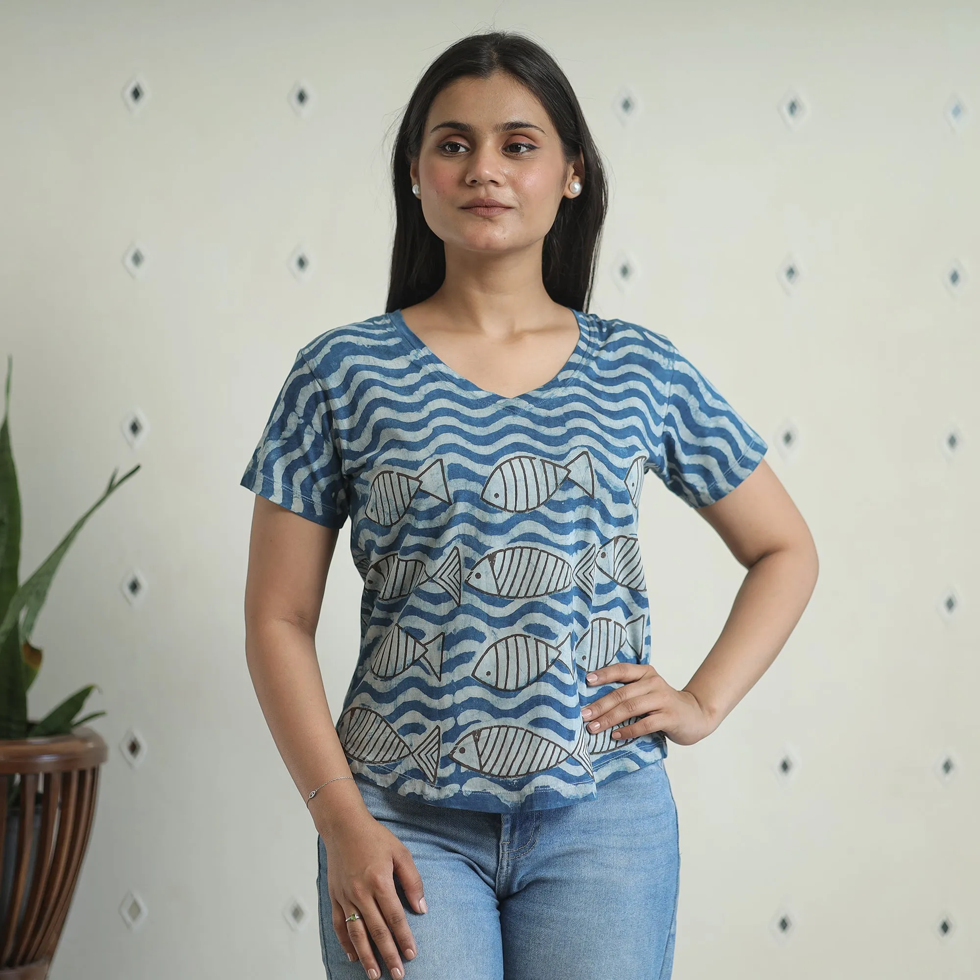 Blue - Bindaas Block Art Printed Cotton Women V Neck T-shirt 12